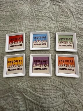 Pottery Barn Set of 6- Multicolor “Chocolat” Coasters- Square Ceramic